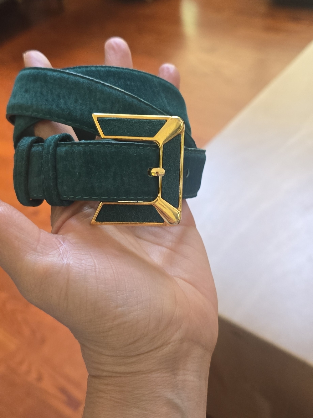 Vintage 80s Teal Suede Leather Belt Gold Geometric Buckle M Jewel Tone Retro